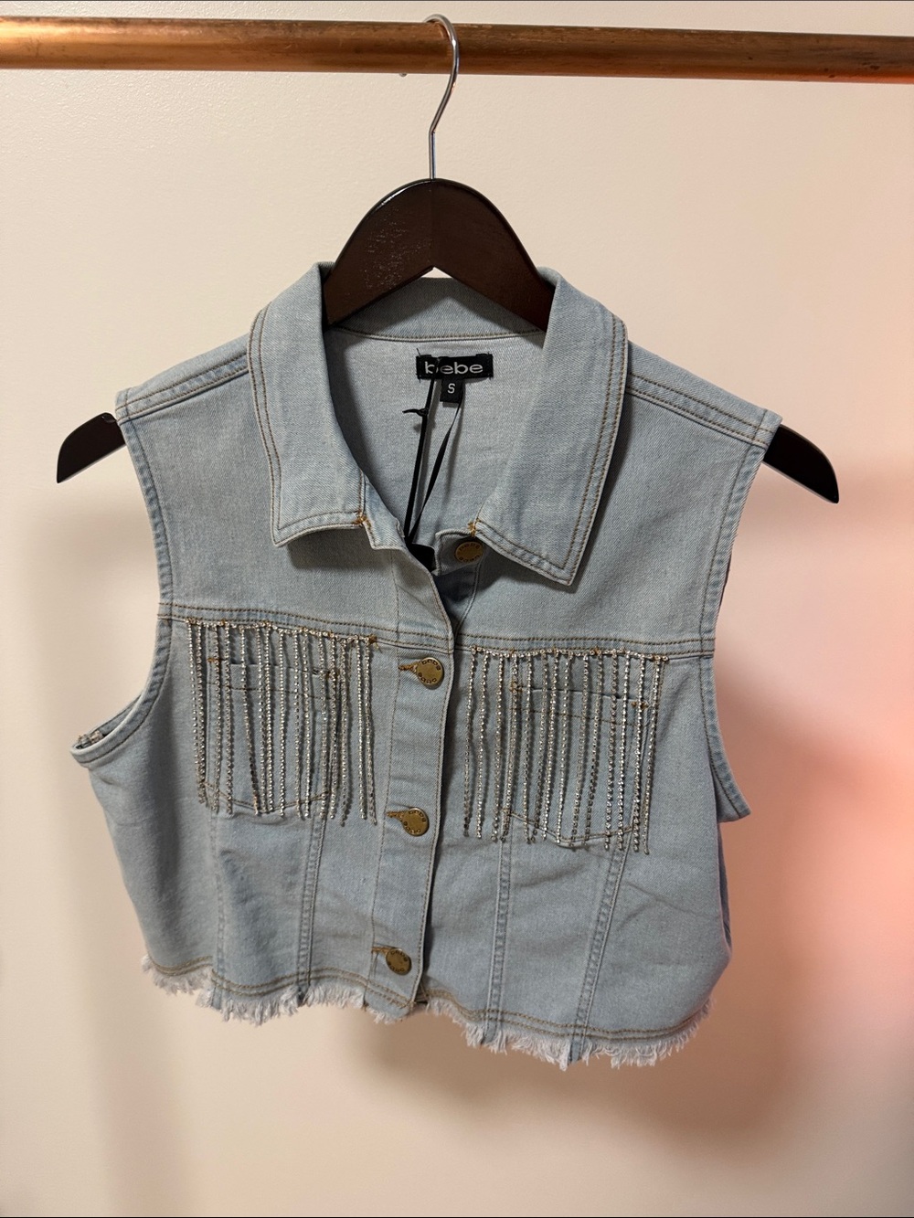 bebe Light Blue Denim Cropped Vest with sparkly Fringe